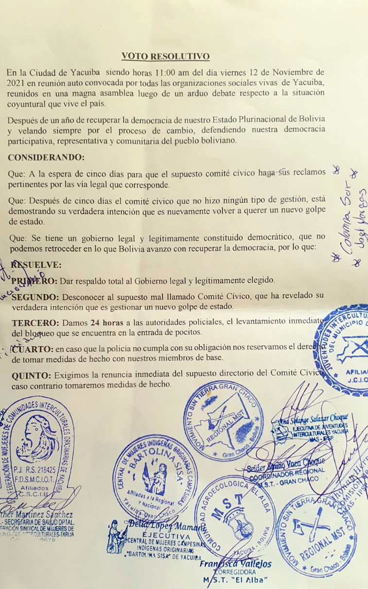 Presidente recibe apoyo de organizaciones sociales de Tarija ante intentos de desestabilización de cívicos