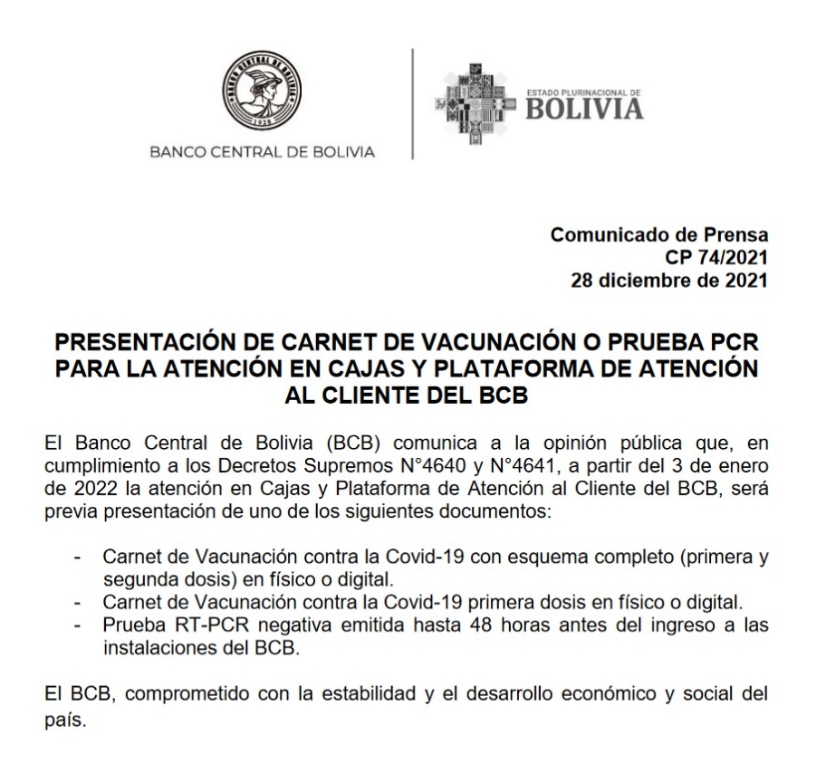 BCB atenderá previa presentación del carnet anticovid o prueba PCR negativa desde el 3 de enero