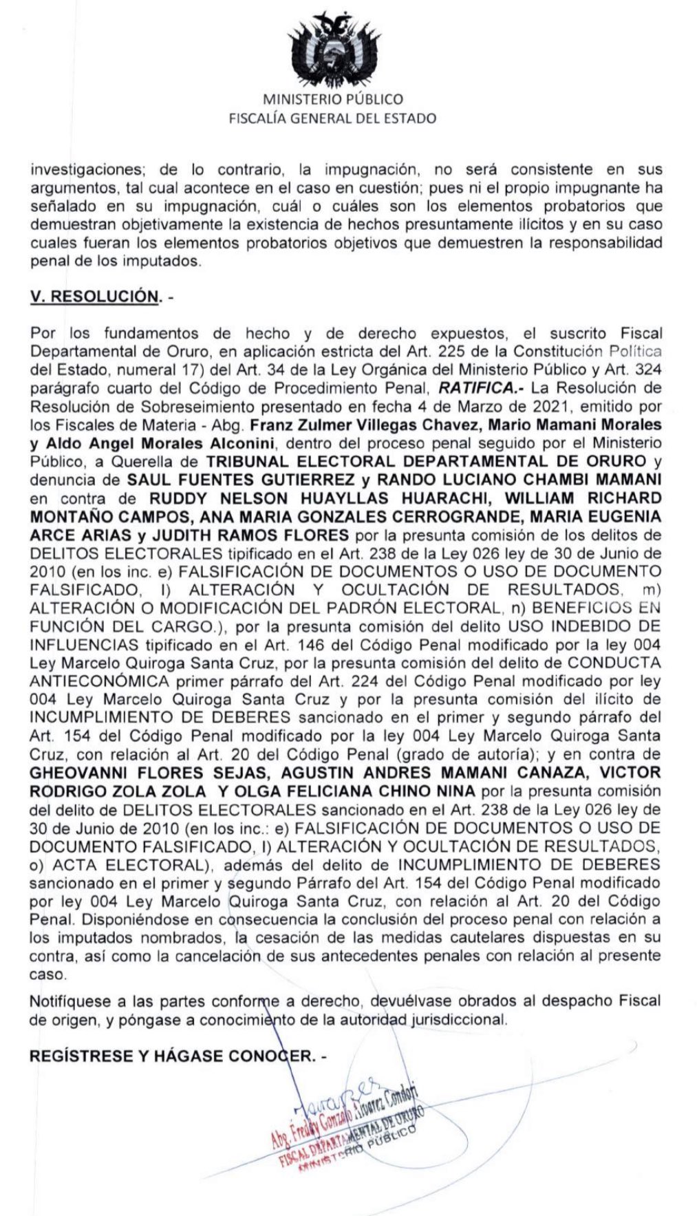 Fiscalías del país establecen que no existen pruebas del “fraude monumental” denunciado por Carlos Mesa en 2019