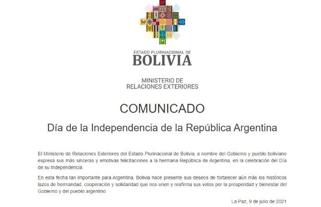 Bolivia felicita a Argentina por el Día de la Independencia