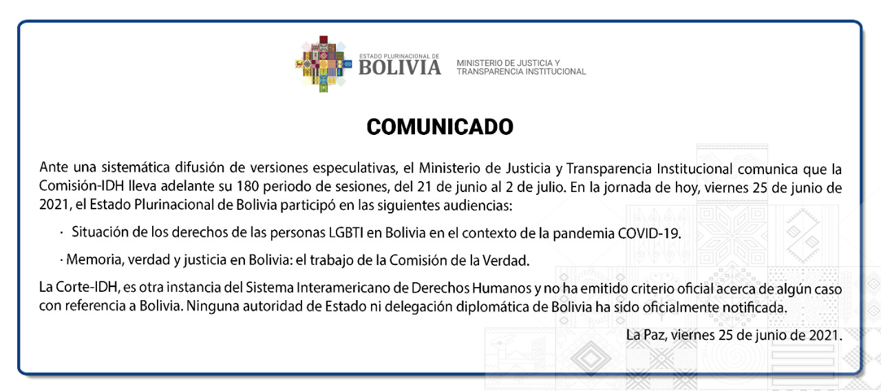 Bolivia expone sobre situación de personas LGBTI y Comisión de la Verdad en el 180 período de sesiones de la CIDH