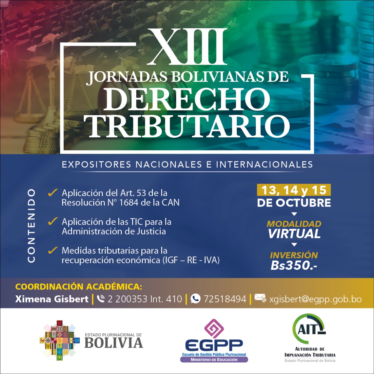 Invitan a la XIII versión de las Jornadas Bolivianas de Derecho Tributario en octubre