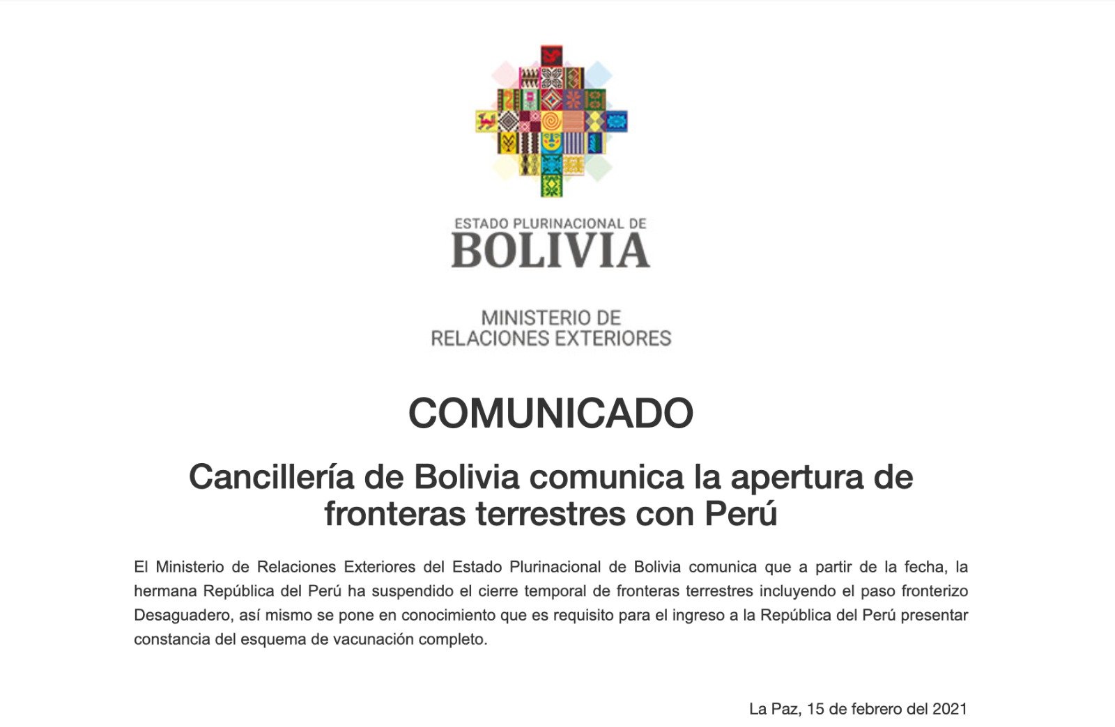 Cancillería de Bolivia comunica la apertura de fronteras terrestres con Perú