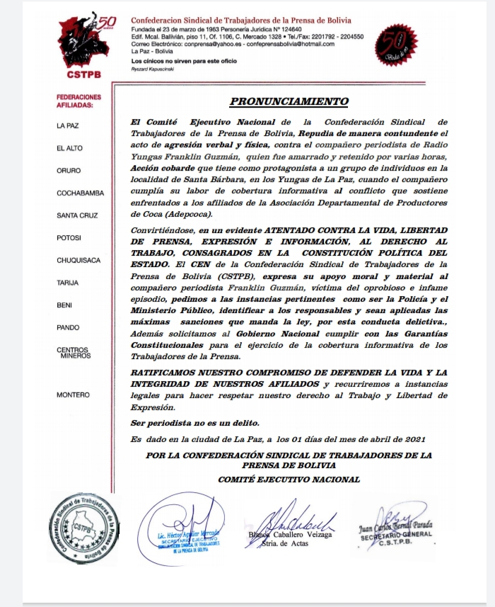 Confederación de trabajadores de la prensa repudia agresión contra periodista de Radio Yungas