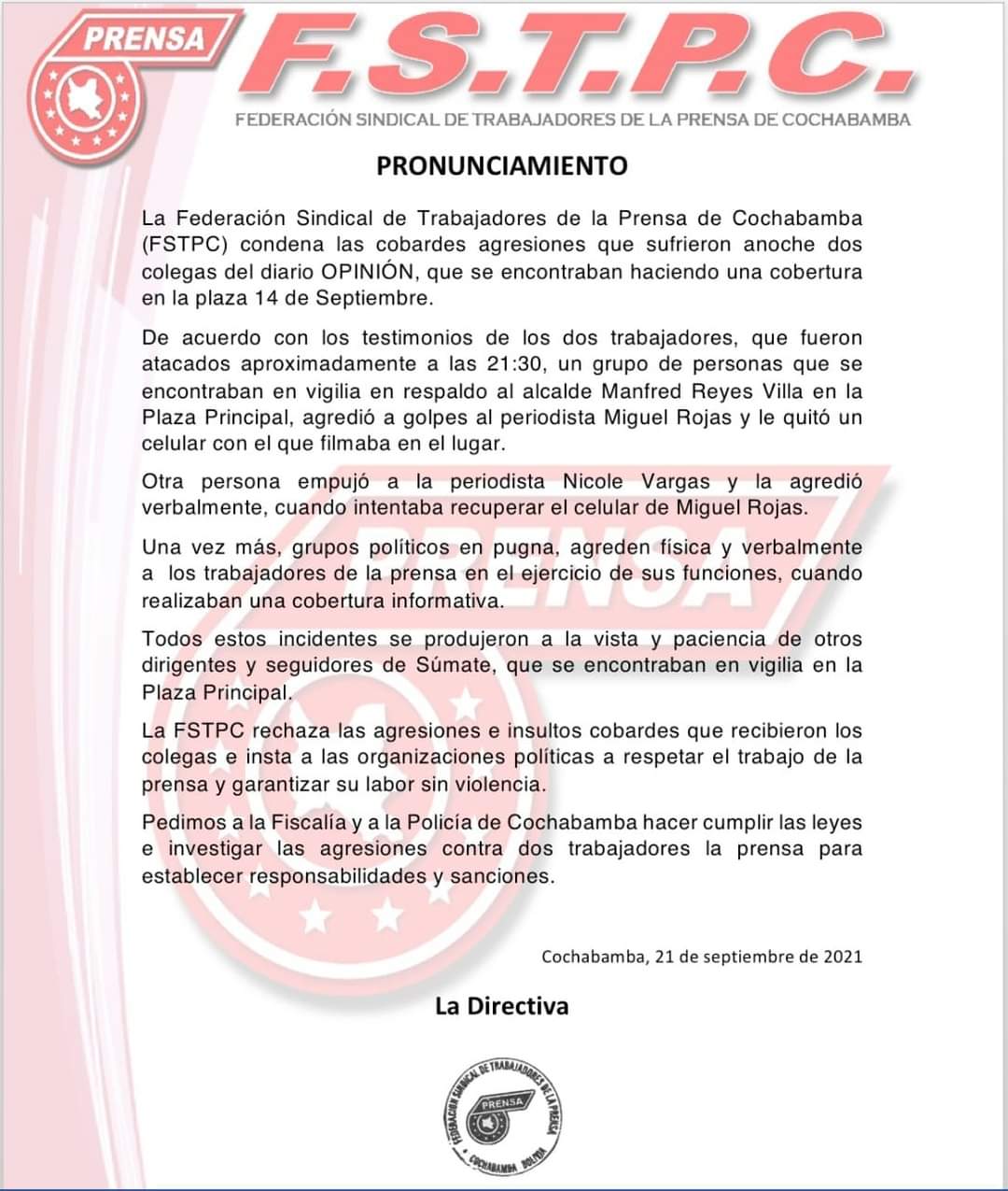 Federación de la prensa condena agresión a periodistas perpetrada por simpatizantes de Manfred Reyes Villa