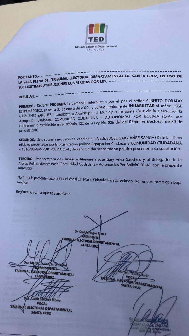 CC rechaza inhabilitación de su candidato en Santa Cruz y anuncia apelación ante el TCP