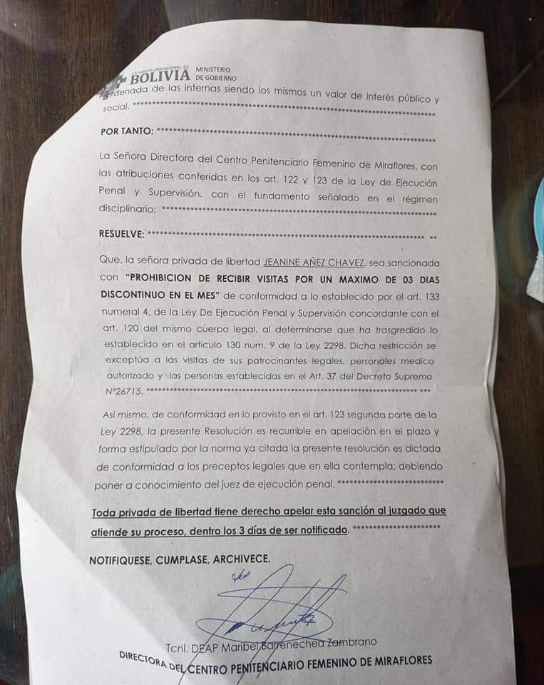 Régimen penitenciario sanciona a Áñez con tres días de suspensión de visitas porque se rehusó a asistir a una audiencia virtual