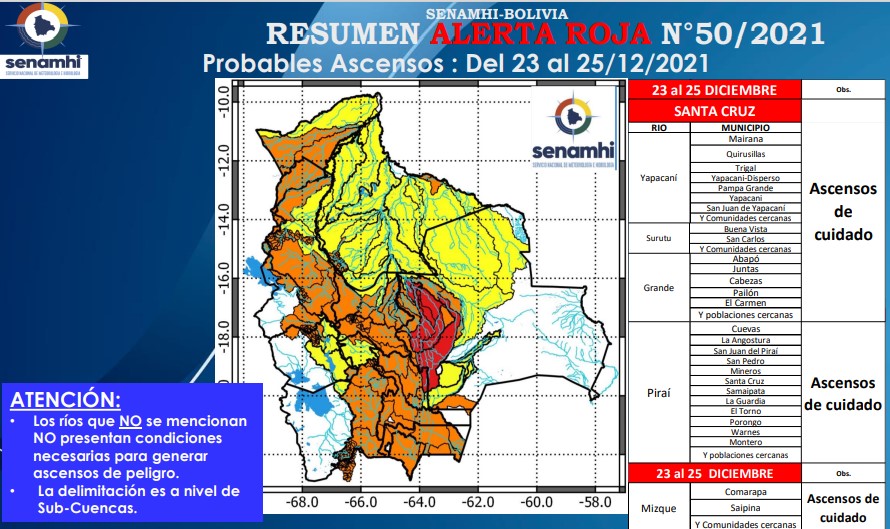 Senamhi emite alerta roja para cinco ríos de Santa Cruz que tendrán ascensos de caudal por las lluvias desde el jueves