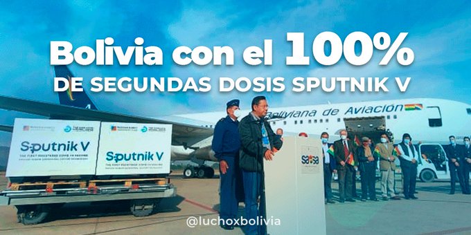 Bolivia recibirá 522.500 segundas dosis de la vacuna Sputnik V entre el 12 y el 13 de octubre para completar esquema de inmunización