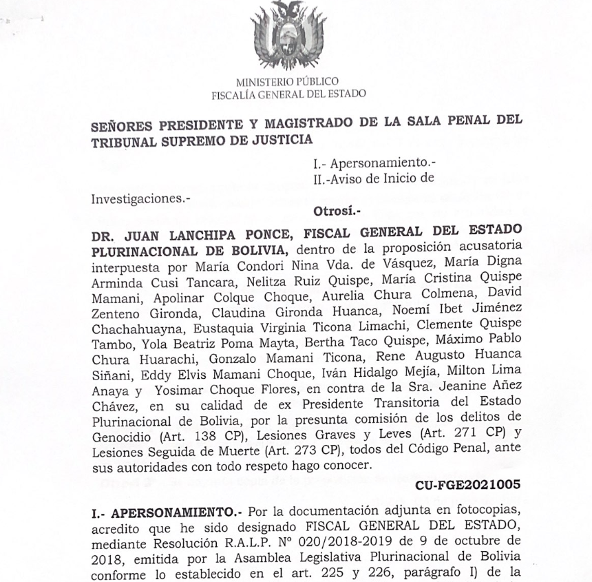 Fiscalía admite proposición acusatoria contra Jeanine Añez por genocidio