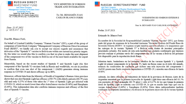Bolivia es prioritaria para la entrega de segundas dosis rusas Sputnik V