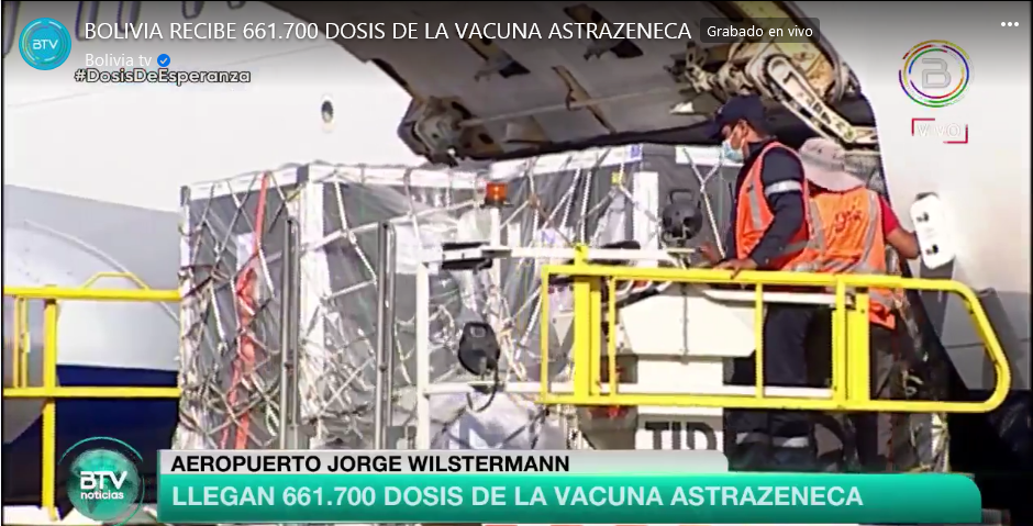 Bolivia recibe un nuevo lote de 661.700 vacunas AstraZeneca donadas por España y Francia (adelanto)