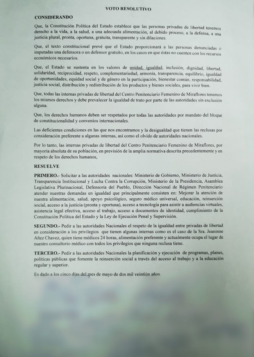 Privadas de libertad del Centro de Miraflores denuncian trato privilegiado para Jeanine Áñez