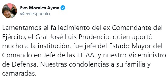 Evo Morales lamenta fallecimiento del excomandante del Ejército José Luis Prudencio