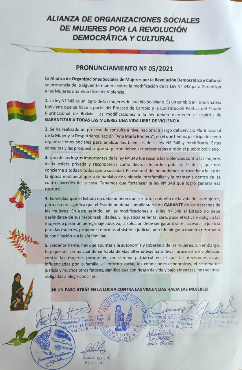 Organizaciones piden que modificación de Ley 348 mantenga espíritu que garantiza una vida libre de violencia