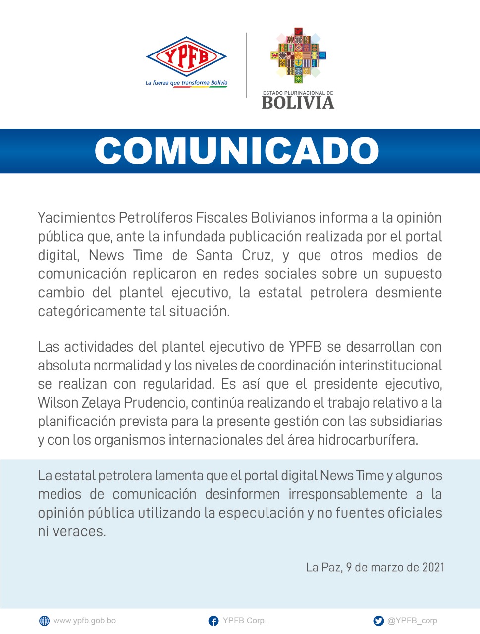 YPFB desmiente cambio en su plantel ejecutivo publicado de manera infundada por un portal digital