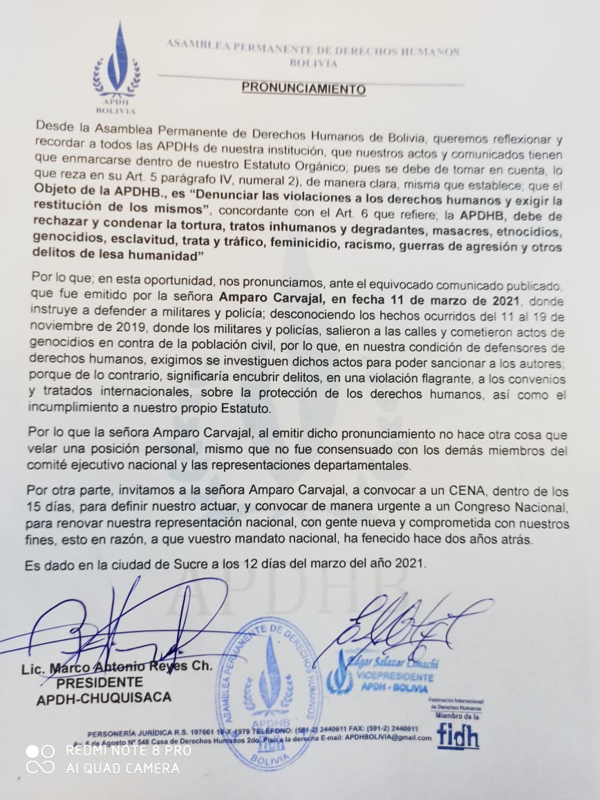 Rechazan comunicado de apoyo a militares y policías firmado por Amparo Carvajal