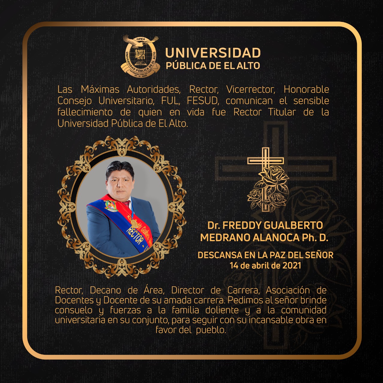 Muere rector de la UPEA víctima del COVID-19