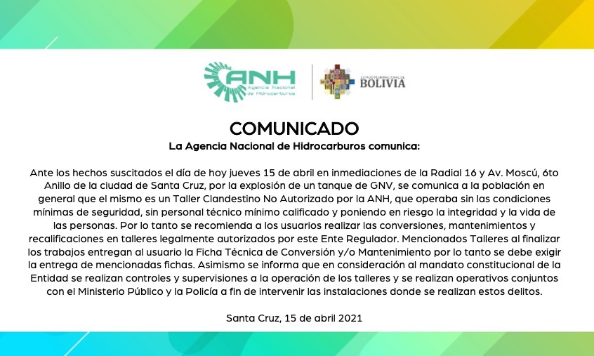 Tras explosión de tanque de GNV en Santa Cruz, la ANH pide acudir a talleres autorizados