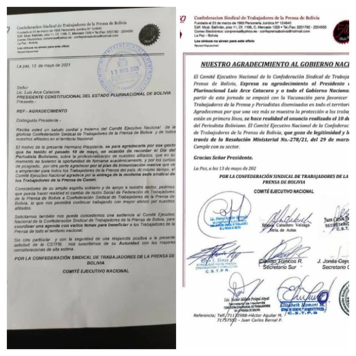 Trabajadores de la prensa agradecen al presidente Arce el inicio de la vacunación para el sector