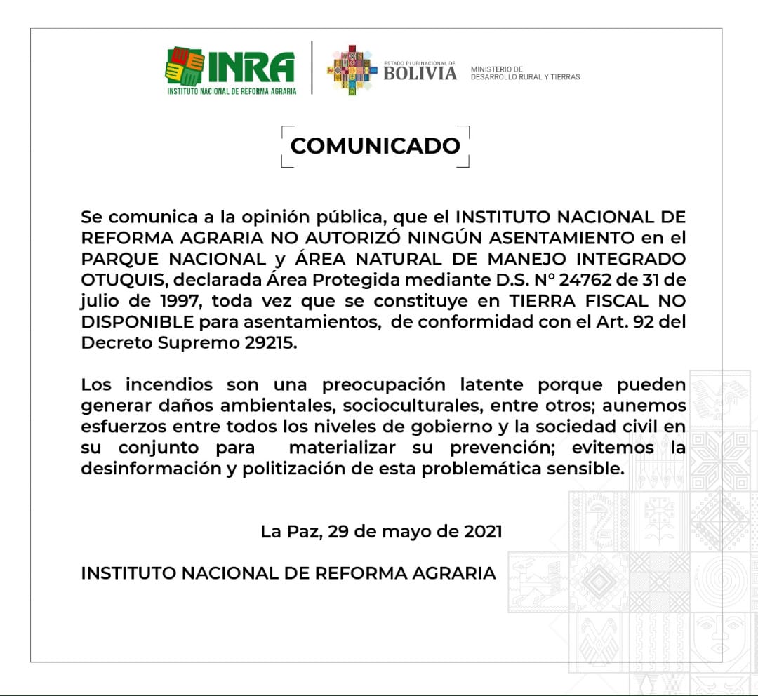 Inra niega autorización de asentamientos en la reserva natural Otuquis