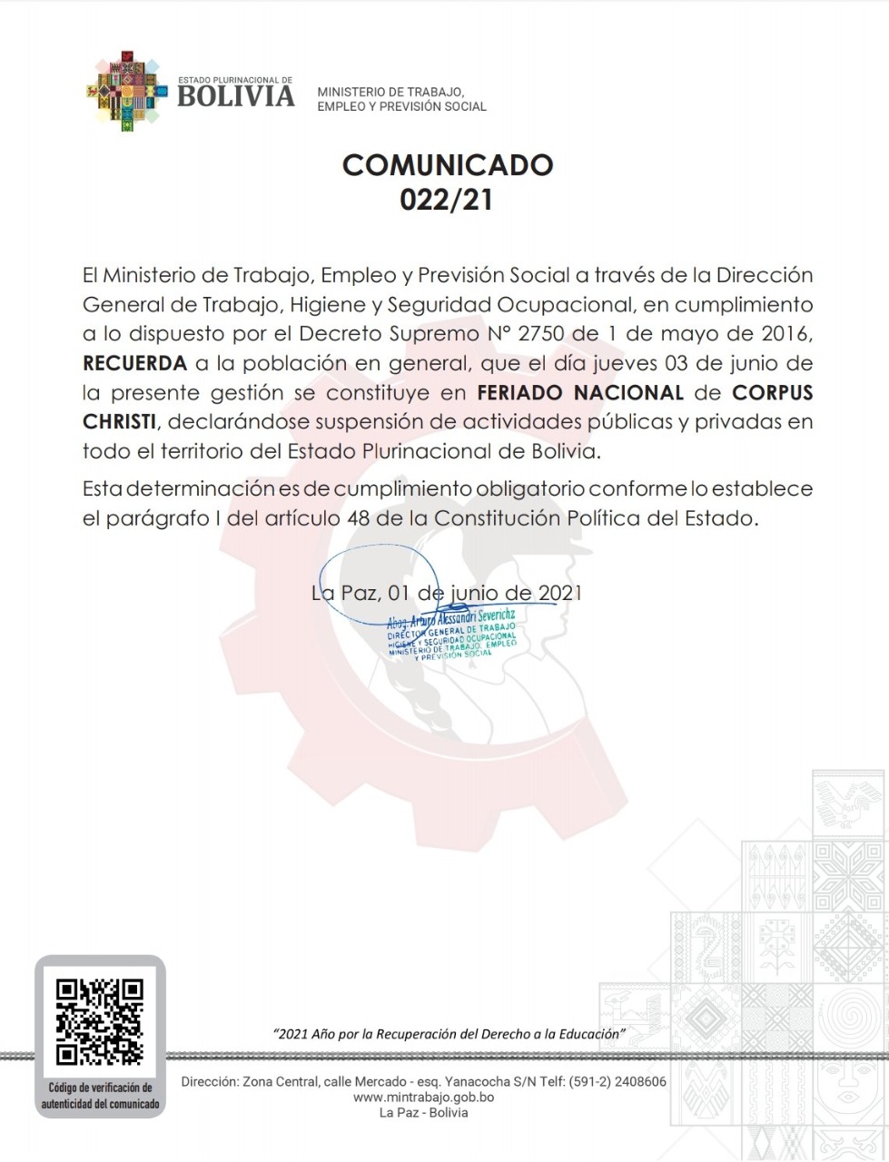 Ministerio de Trabajo confirma feriado para este jueves por Corpus Christi
