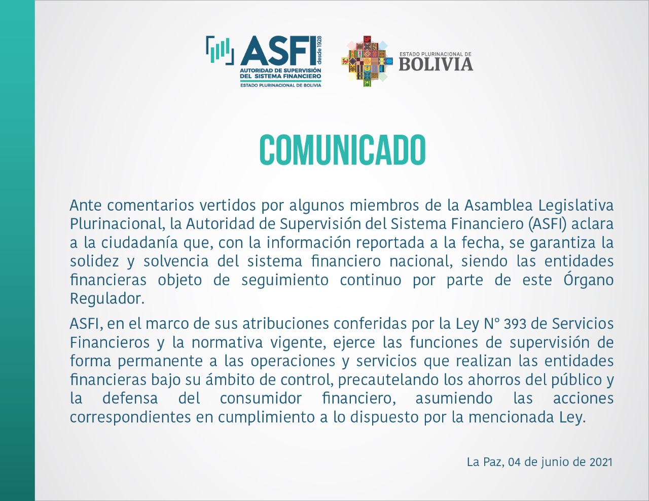 Autoridad de regulación afirma que solidez y solvencia del sistema financiero están garantizadas