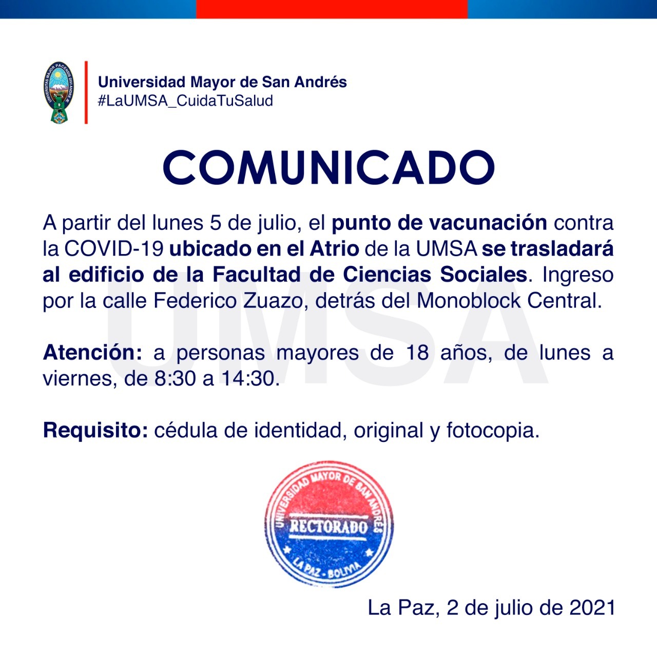 UMSA traslada punto de vacunación del atrio al edificio de la Facultad de Ciencias Sociales