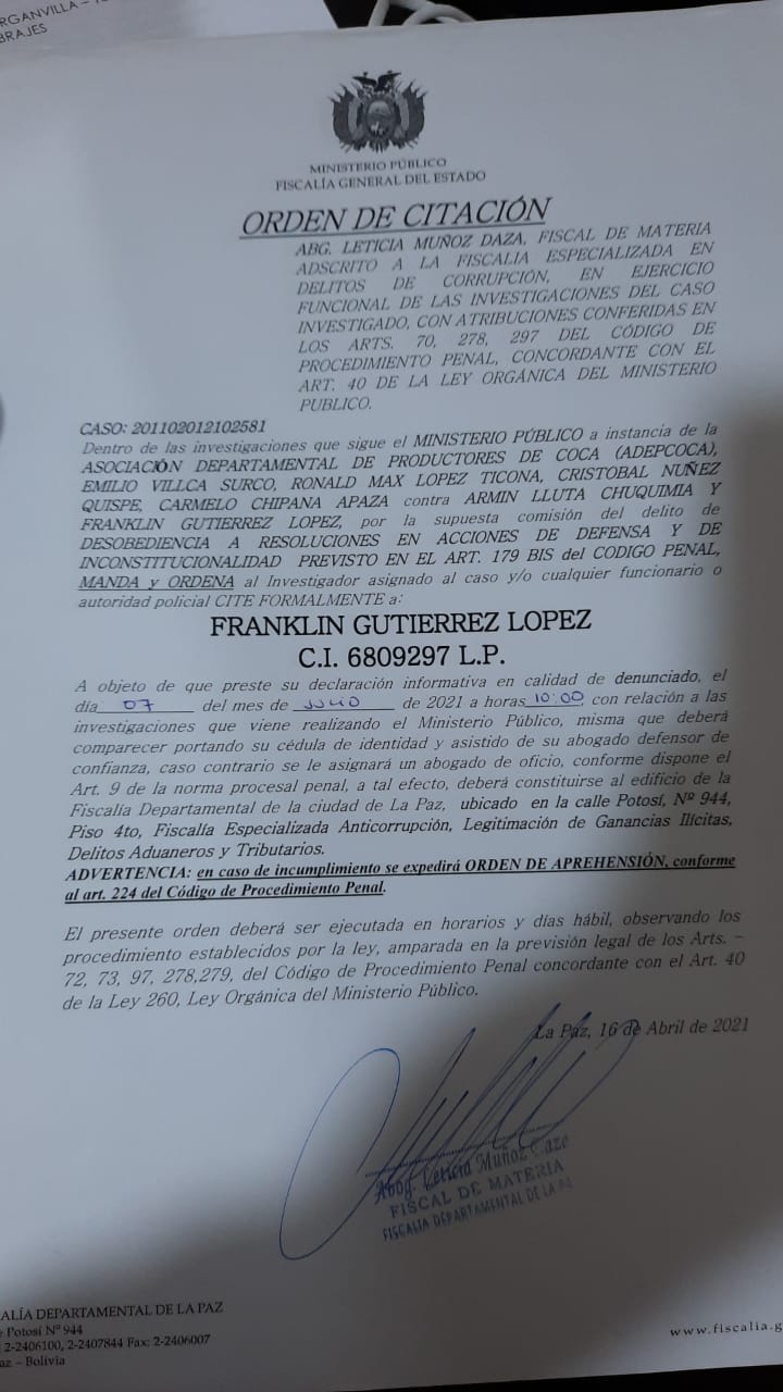 Fiscalía cita a declarar a Franklin Gutiérrez, expresidente de Adepcoca
