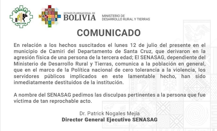 Senasag destituye a funcionarios que agredieron a un adulto mayor en Camiri, Santa Cruz