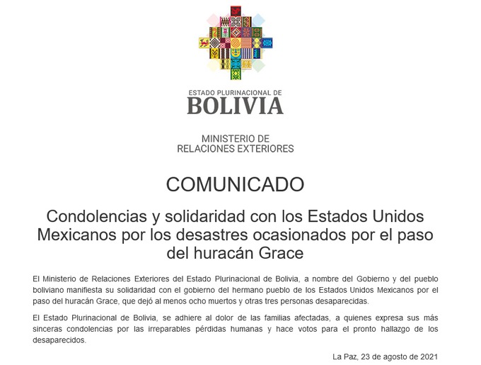 Bolivia se solidariza con México por desastres ocasionados por el huracán Grace
