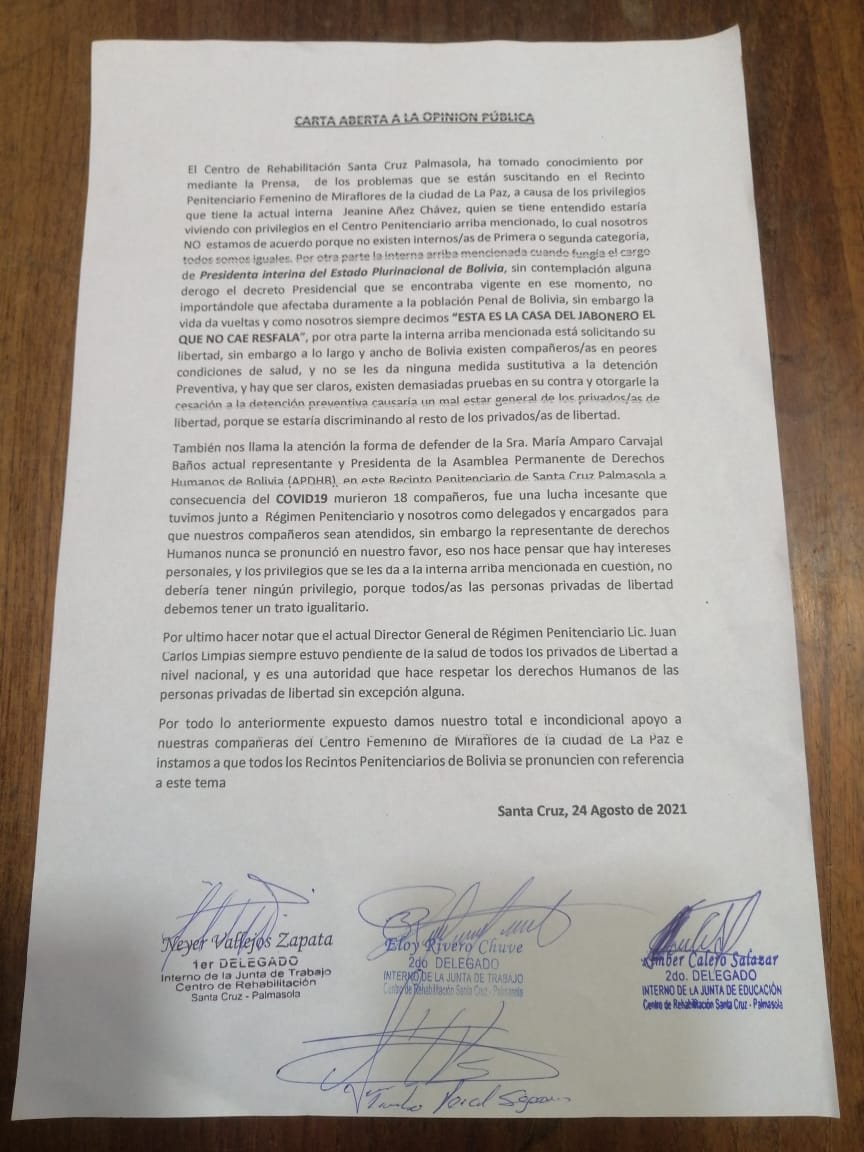 Privados de libertad de Palmasola advierten que el apoyo de Carvajal a Áñez se debe a intereses personales