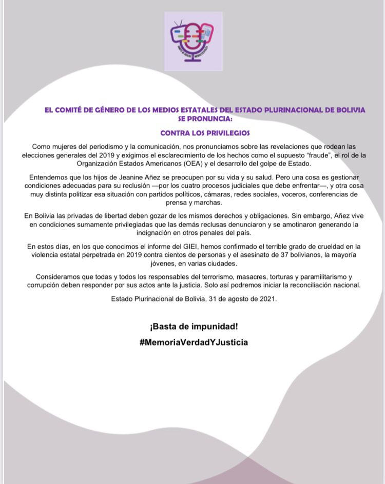Comité de Género de medios estatales pide que todos los responsables por hechos violentos de 2019 respondan ante la justicia