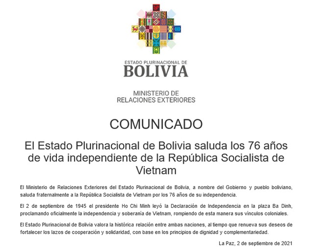 Bolivia saluda los 76 años de vida independiente de Vietnam