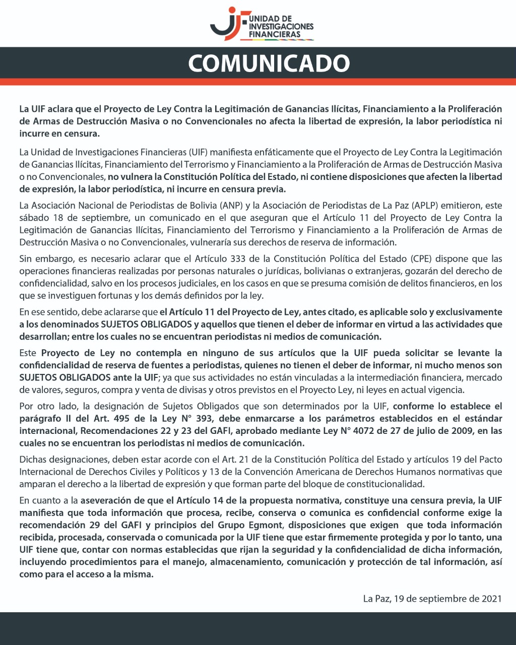 UIF aclara que el Proyecto de Ley Contra la Legitimación de Ganancias Ilícitas no afecta a la libertad de expresión ni a la labor periodística