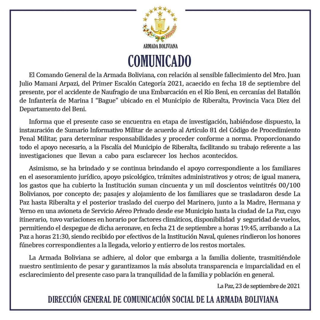 Armada garantiza transparencia e imparcialidad para esclarecer la muerte de un marinero en Riberalta