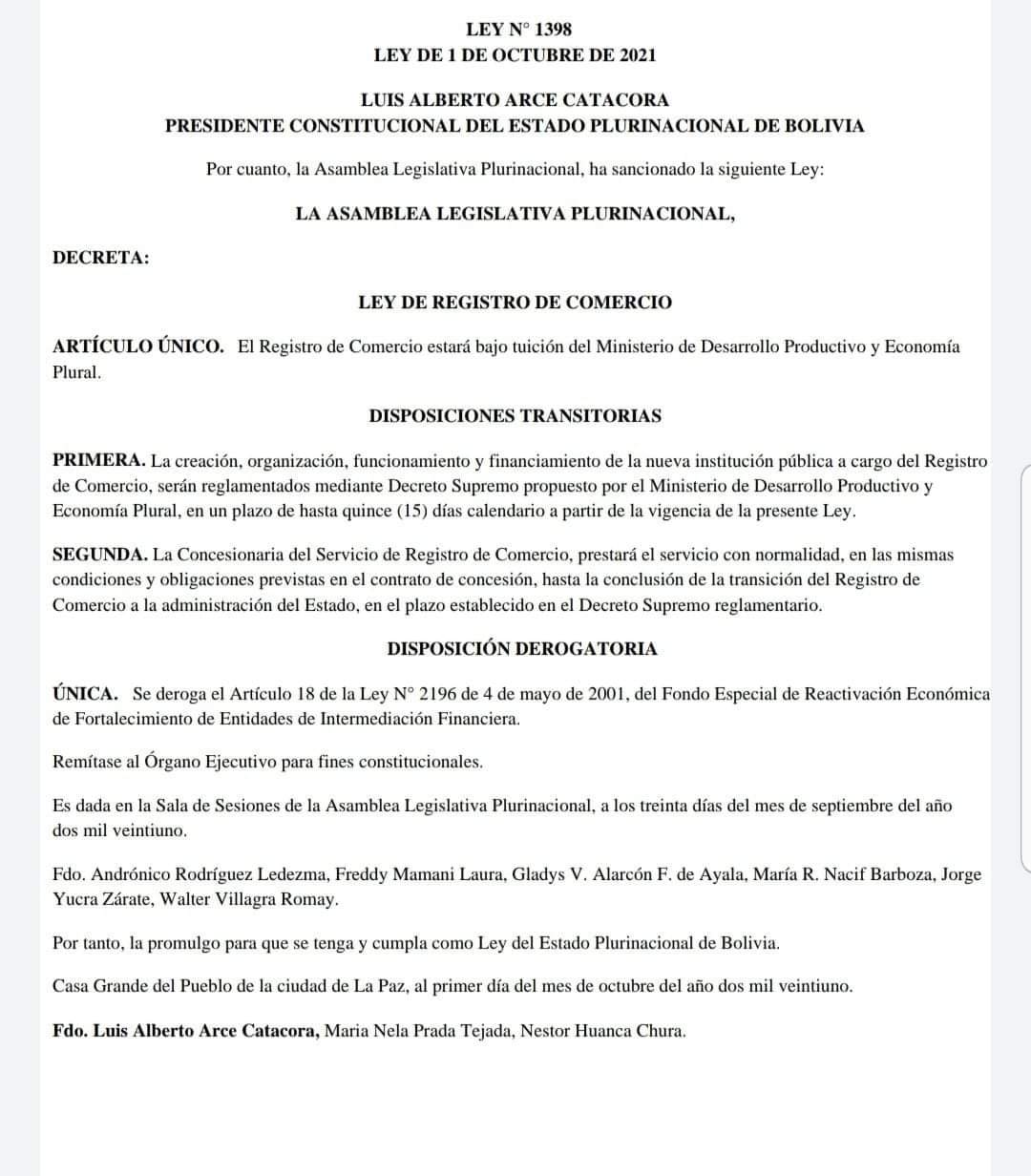 Presidente Arce promulga Ley de Registro de Comercio