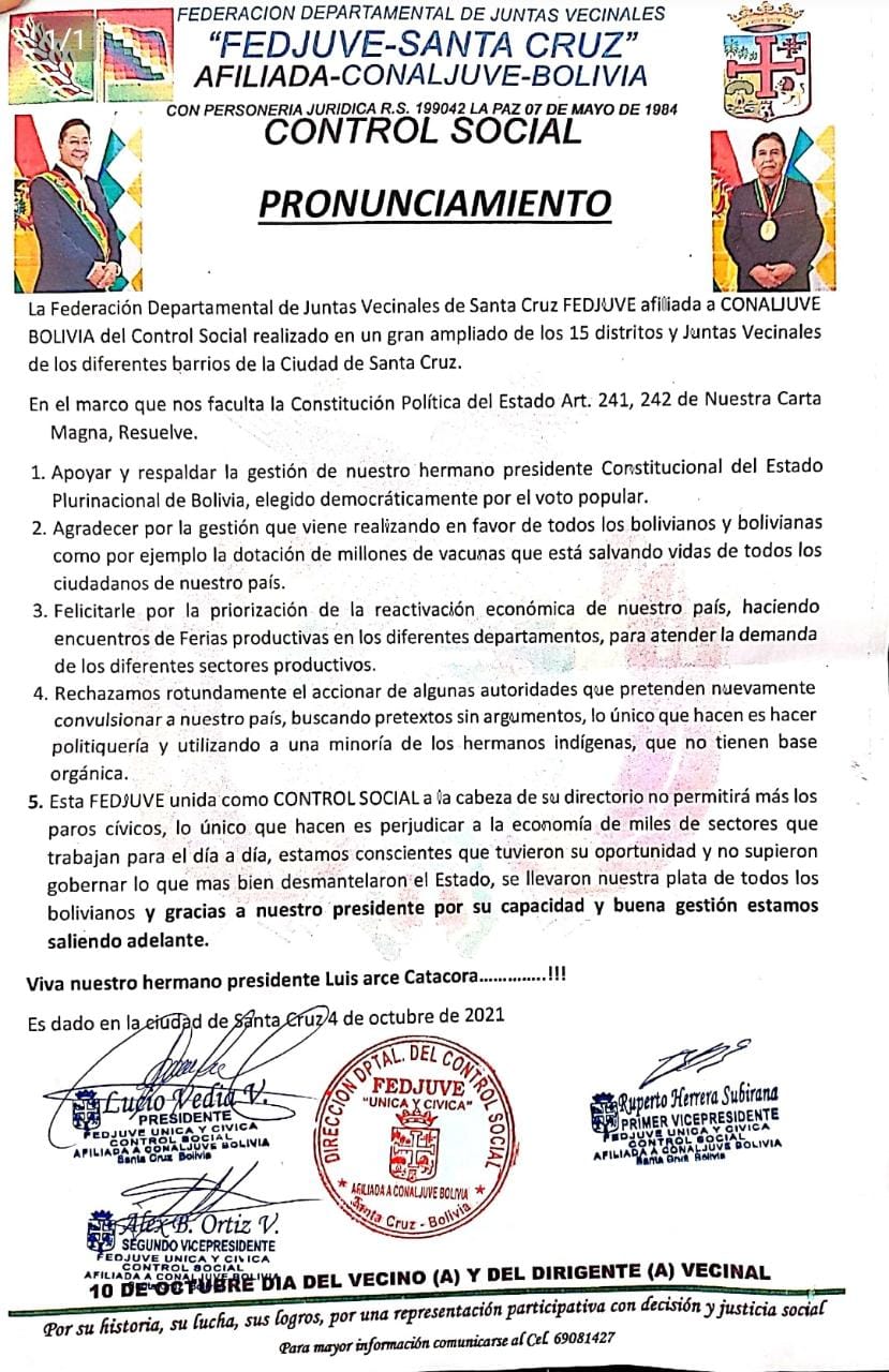 Presidente saluda a la Fedjuve de Santa Cruz por su compromiso con el crecimiento económico y la salud de los bolivianos