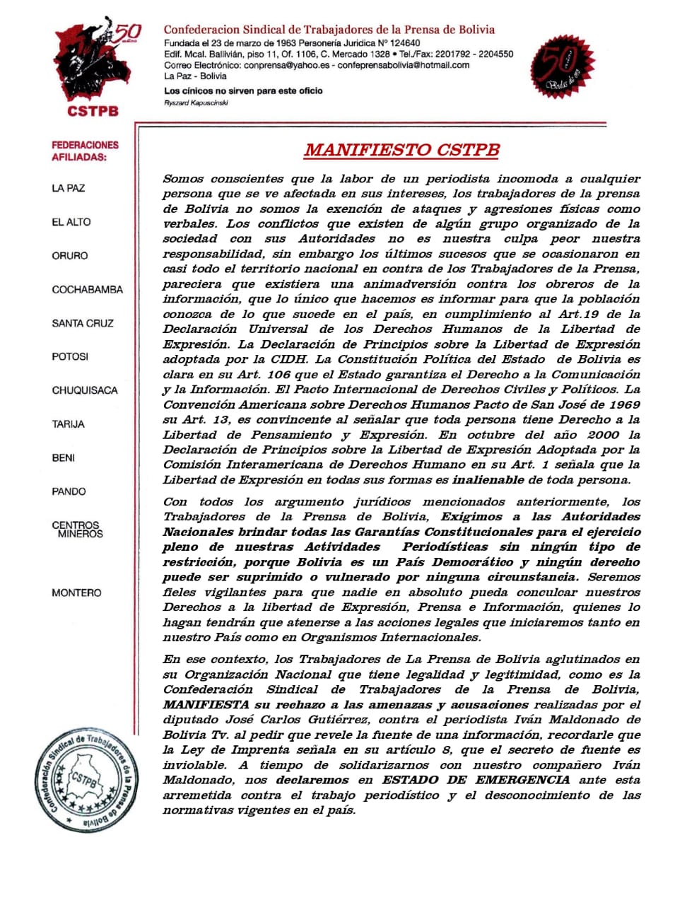 Confederación de la Prensa se declara en estado de emergencia ante la arremetida contra el trabajo periodístico
