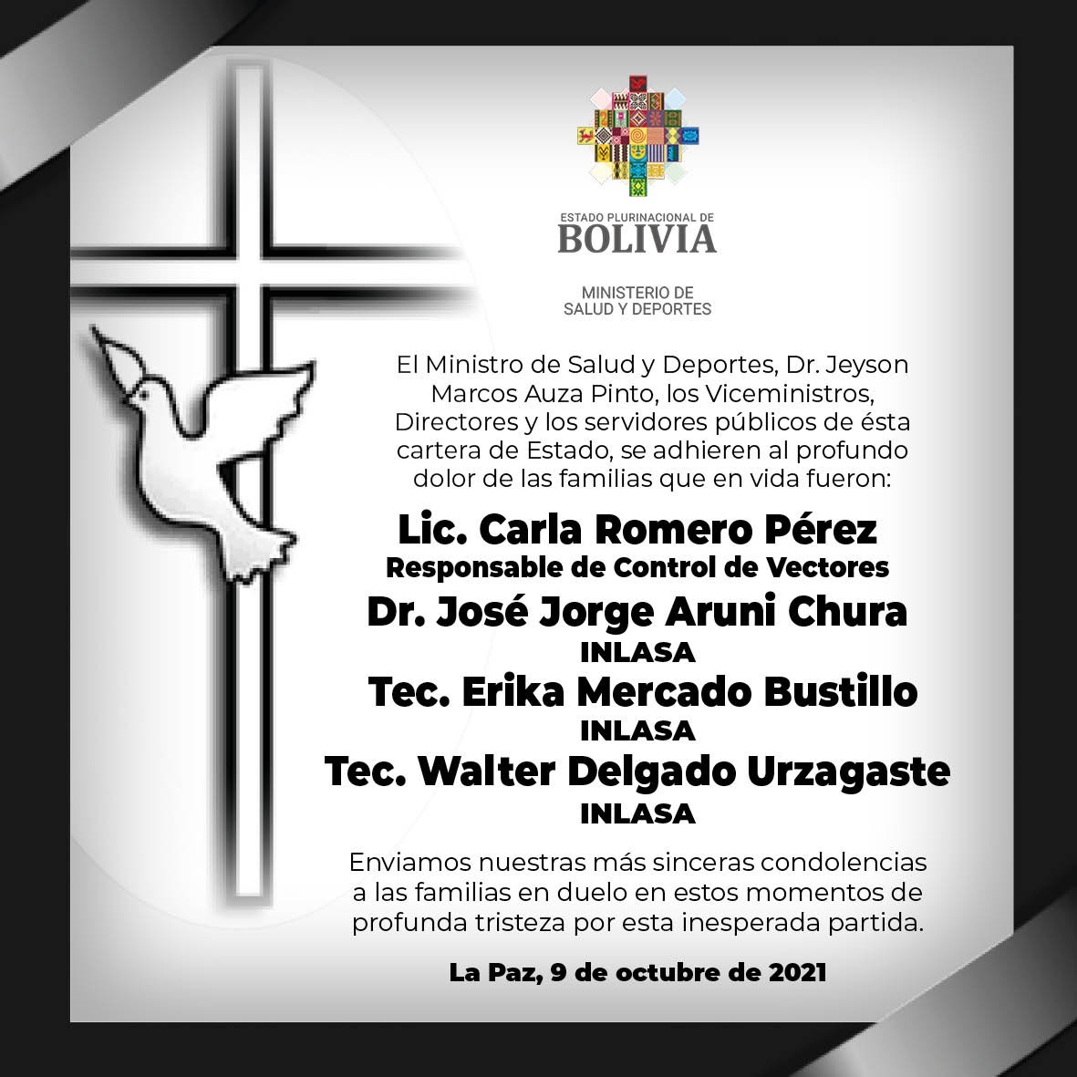 Ministro Auza califica de devastador el fallecimiento de funcionarios de Salud y expresa sus condolencias