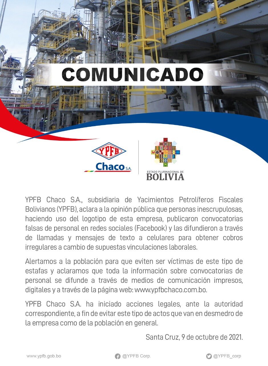 YPFB Chaco denuncia que personas inescrupulosas realizan convocatorias falsas en RRSS