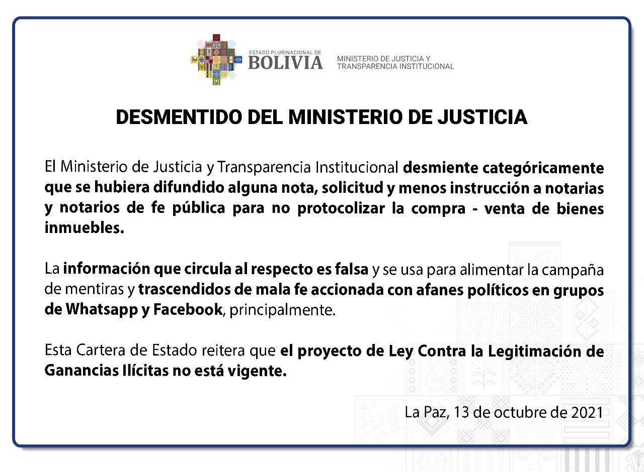 Justicia desmiente supuesta instrucción a notarías para no protocolizar compra y venta de inmuebles