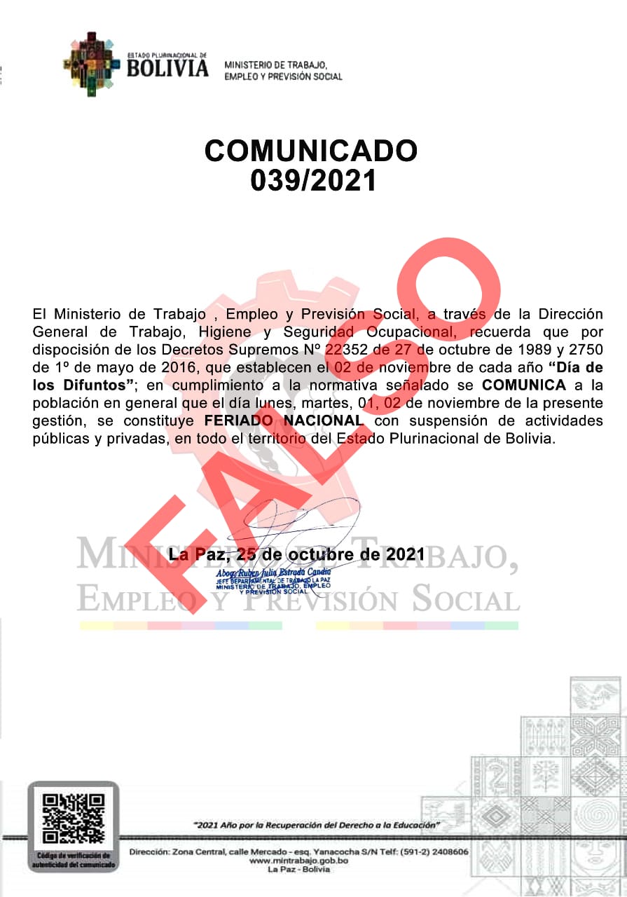 Ministerio de Trabajo denuncia circulación de un comunicado falso sobre el feriado de Todos Santos