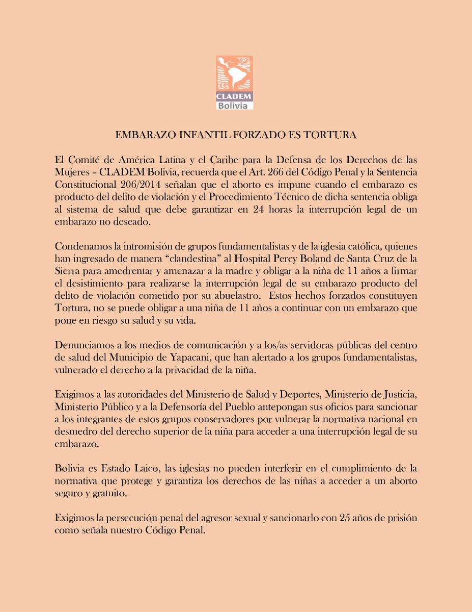 CLADEM – Bolivia condena y califica de tortura al embarazo infantil forzado