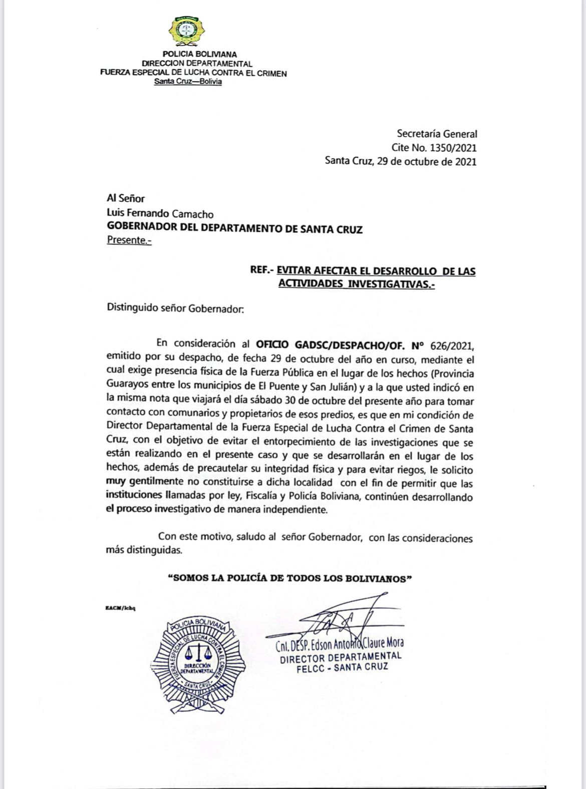 Ministro de Gobierno y Policía piden a Fernando Camacho no perjudicar investigación sobre lo ocurrido en Guarayos