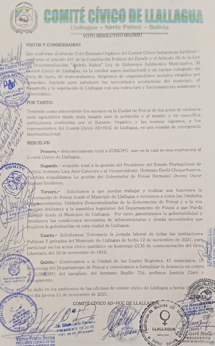 Comité Cívico de Llallagua desconoce a Comcipo y manifiesta su respaldo al Gobierno de Arce