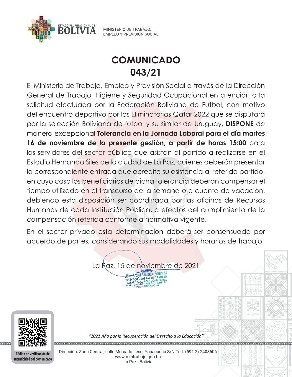 Ministerio de Trabajo dispone tolerancia laboral por el encuentro entre las selecciones de Bolivia y Uruguay