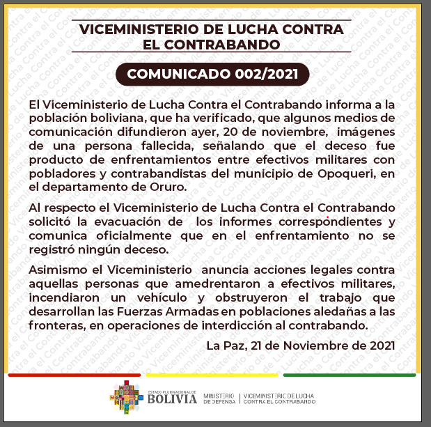 Viceministerio de Lucha Contra el Contrabando desmiente muerte de un civil en Opoqueri – Oruro