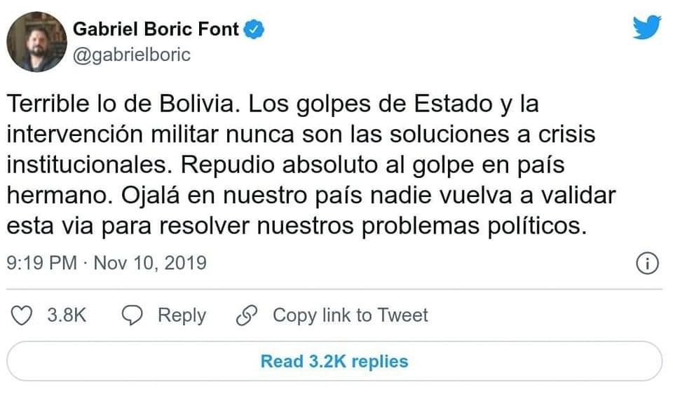 Gabriel Boric pidió respeto a la democracia en Bolivia el 2019: “Repudio absoluto al golpe en país hermano”
