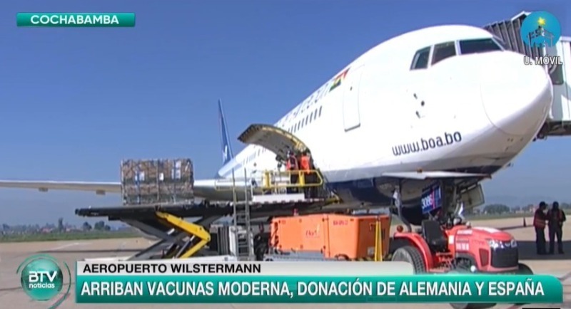 Bolivia recibe donación de 1.965.600 dosis de la vacuna anticovid Moderna